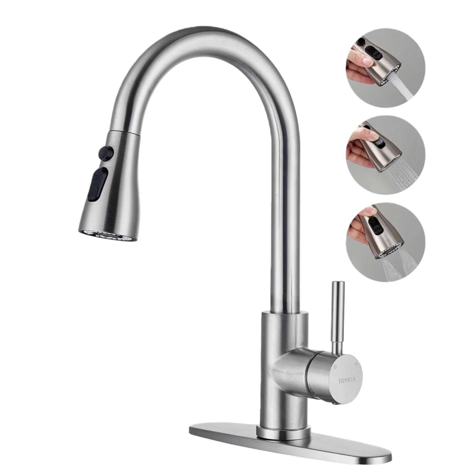 TOYWIA Kitchen Faucets with Pull Down Sprayer, 3 Function Sprayer, Brushed Nickel Stainless Steel Single Handle High Arc Sink Faucet for RV, Bar, Farmhouse, Laundry, Outdoor