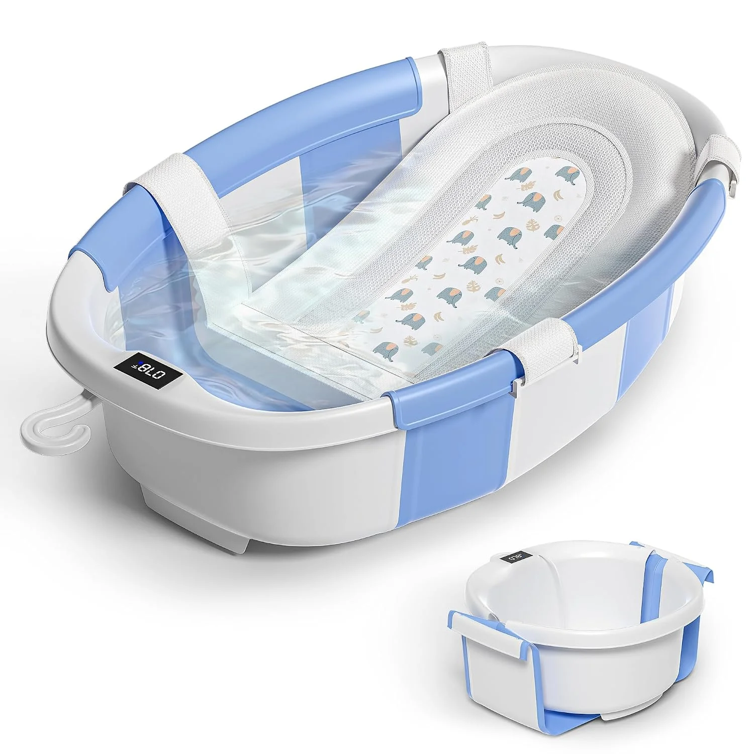 Himold Bañera Plegable Amplia para Bebé con Termómetro y Cojín Azul