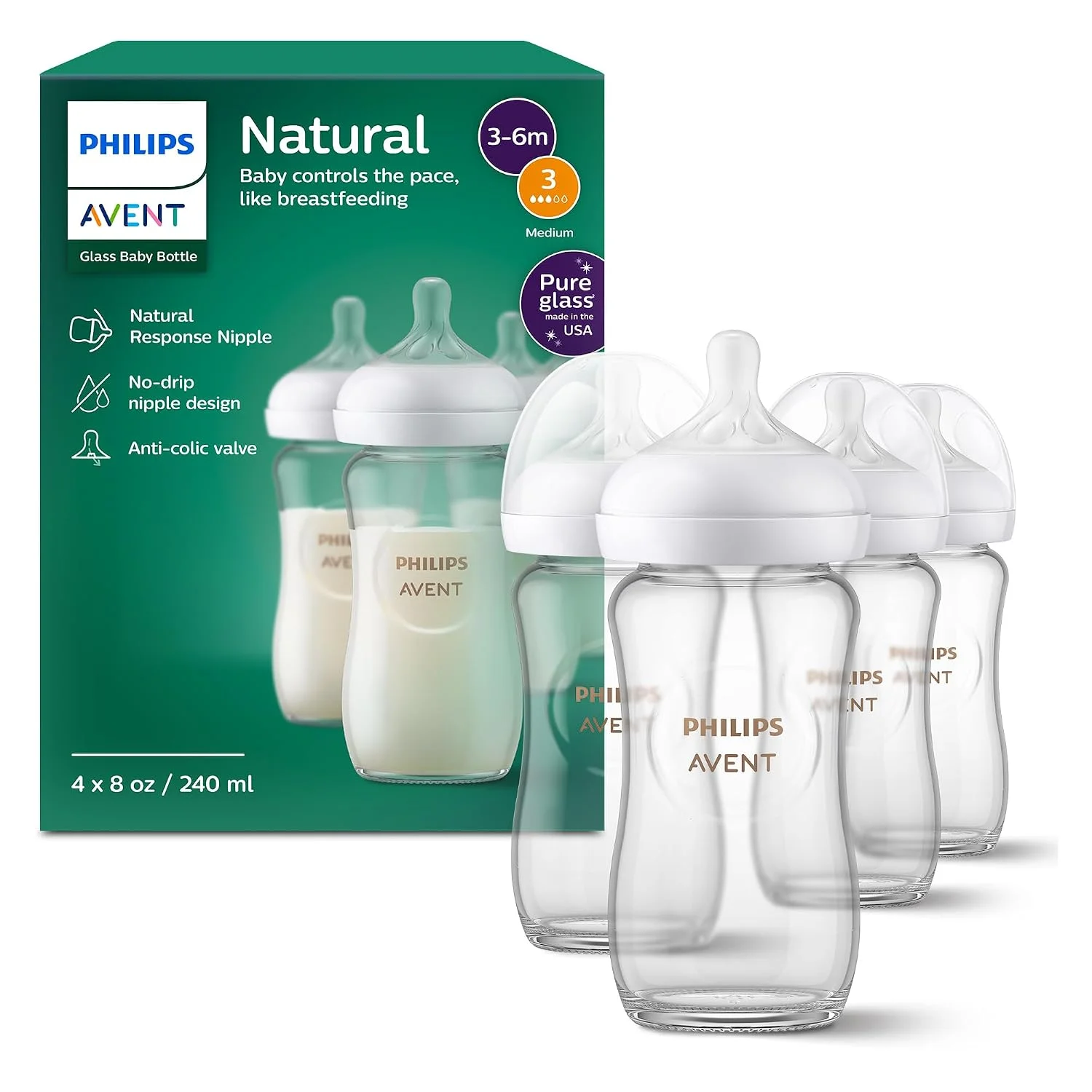 Philips Avent Natural Biberón de Vidrio 8 oz Flujo Medio Sin BPA