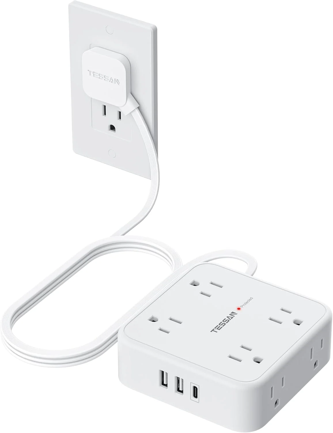 Regleta de protección Tessan con 8 tomas, 3 puertos USB y cable de 5 pies, blanca