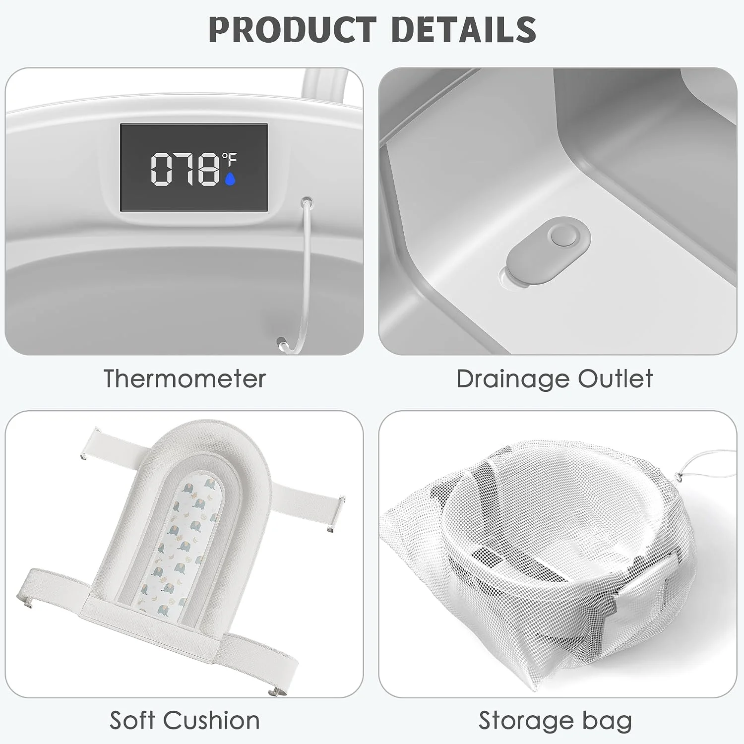 Himold Bañera Plegable Amplia para Bebé con Termómetro y Cojín Gris