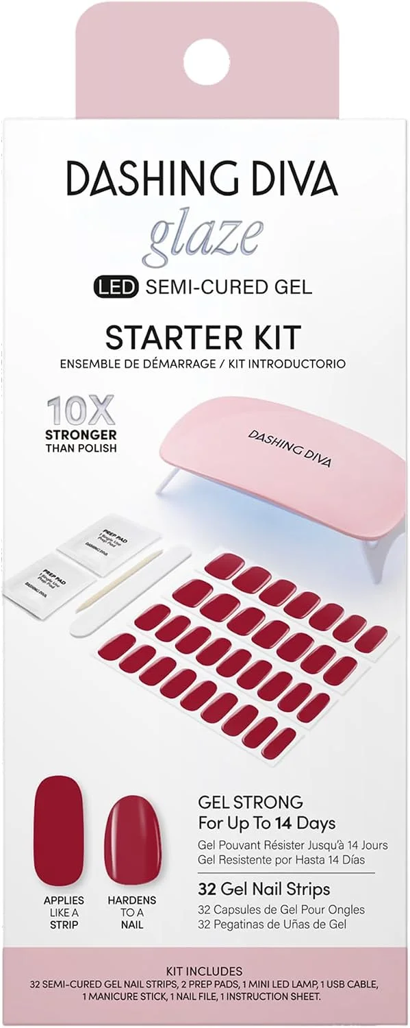 Dashing Diva Glaze Nail Starter Kit - Hot Tamale - Long Lasting, Chip Resistant, Semi-Cured Gel Nail Strips - 7-Piece Manicure Set with 32 Strips and Mini LED Lamp