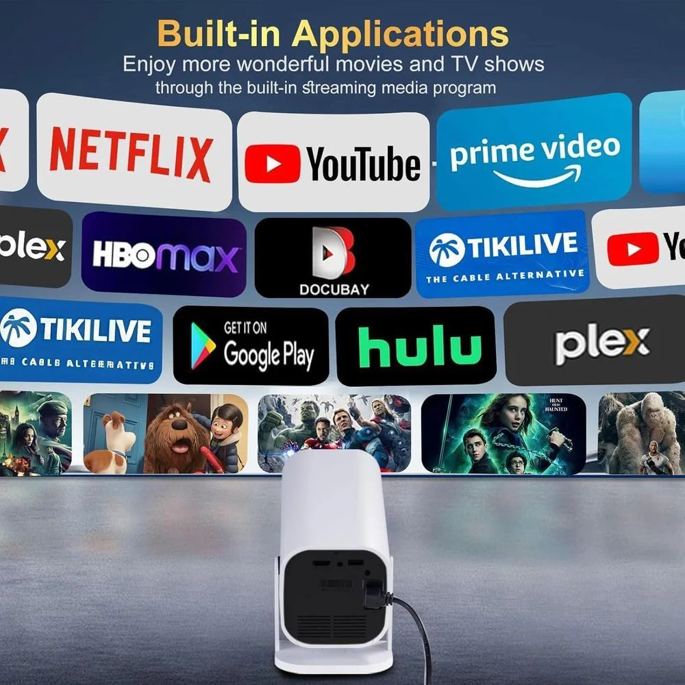 Proyector portátil con WiFi y Bluetooth, enfoque eléctrico y aplicaciones integradas, compatible con smartphones