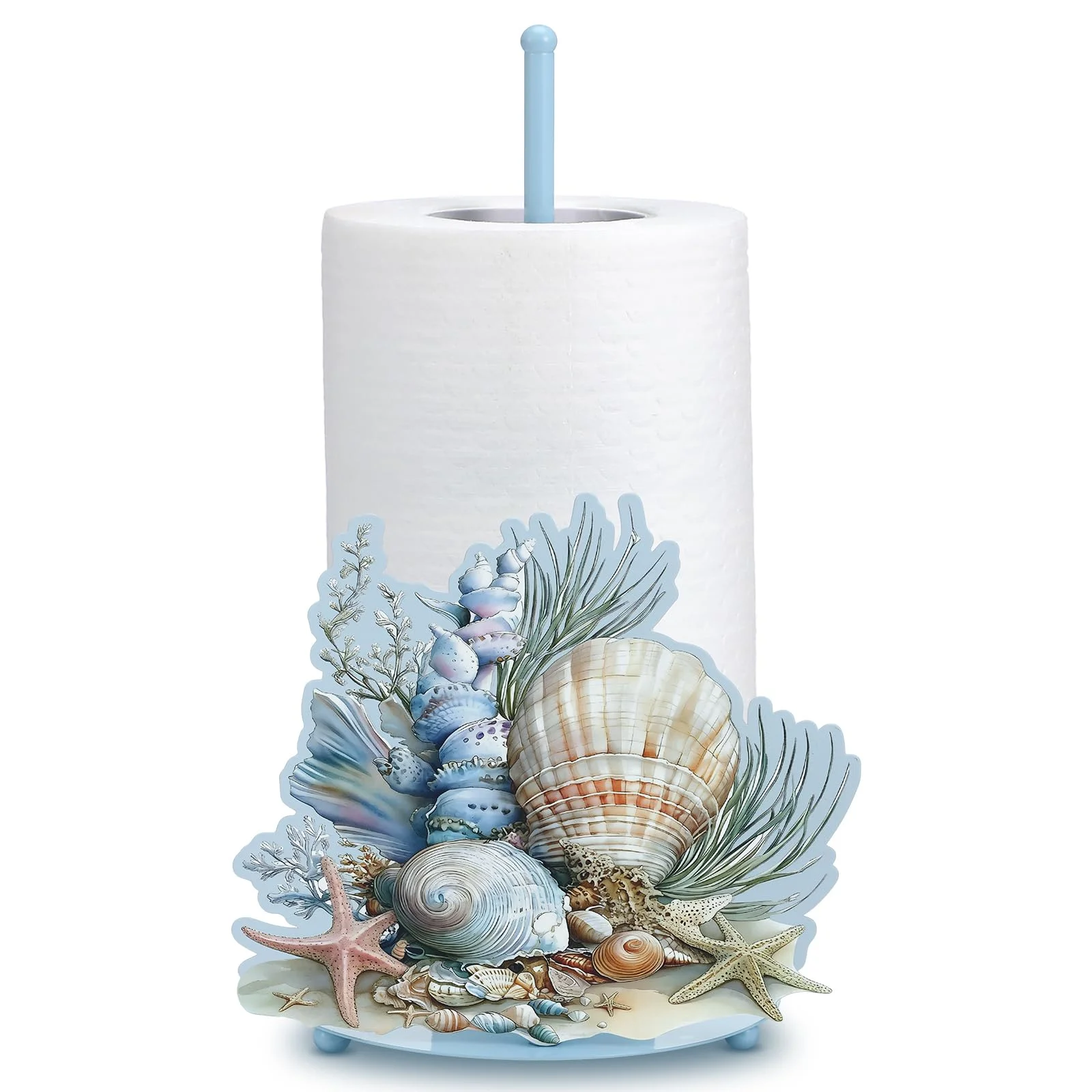 Shimeyao Beach Seashell Metal Paper Towel Holder Ocean Seashell Coral Starfish Kitchen Decor Accessories Large Metal Towel Holder Stand Coastal Decor for Kitchen Bathroom Home
