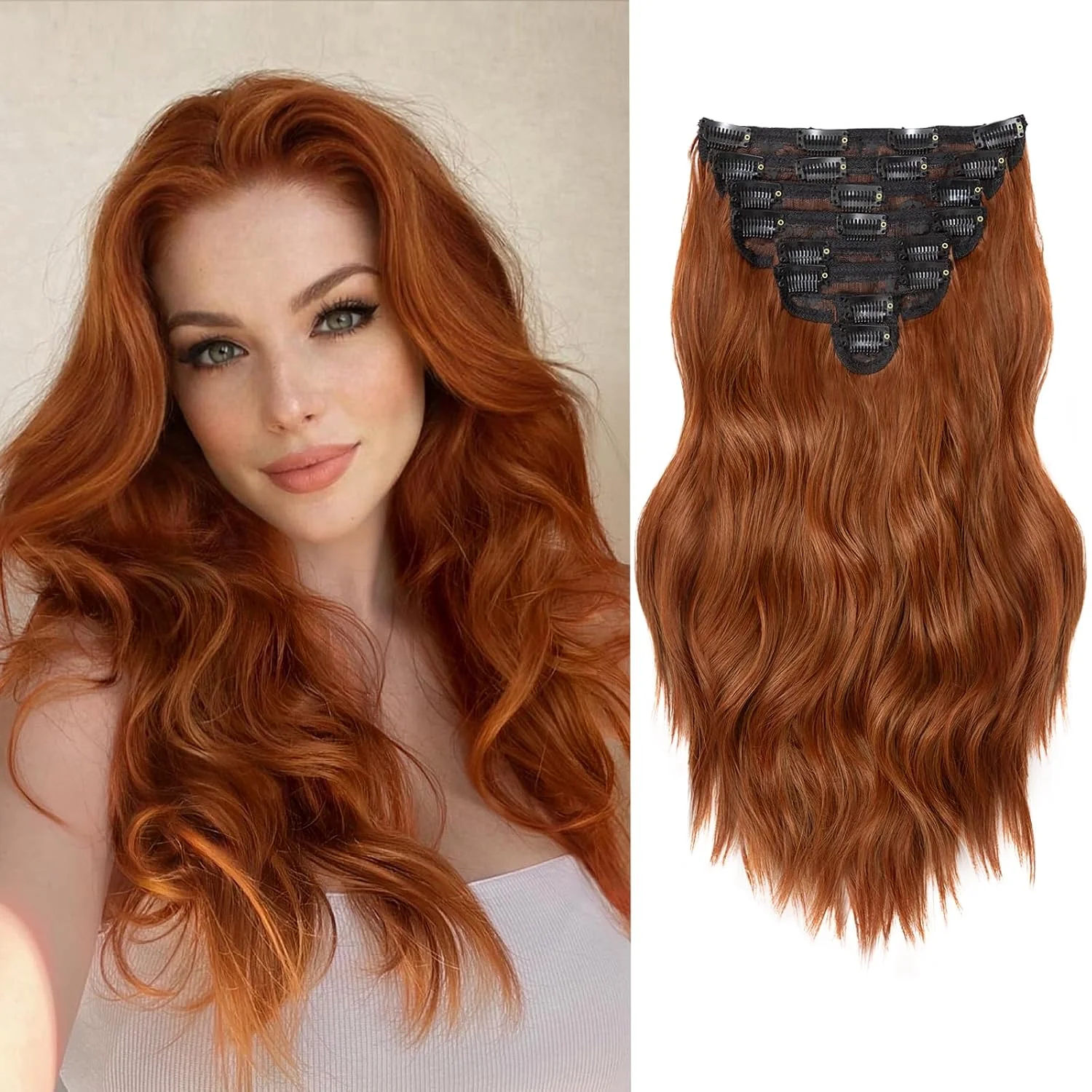 Extensiones de cabello clip in onduladas cobre 16 pulgadas 8 piezas Verna