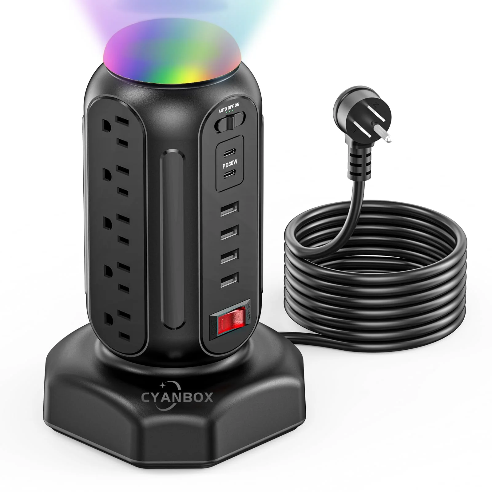 Regleta de Escritorio Torre Cyan Box 15 Tomas AC + 6 Puertos USB con Carga Rápida PD 30W y Luz Nocturna RGB