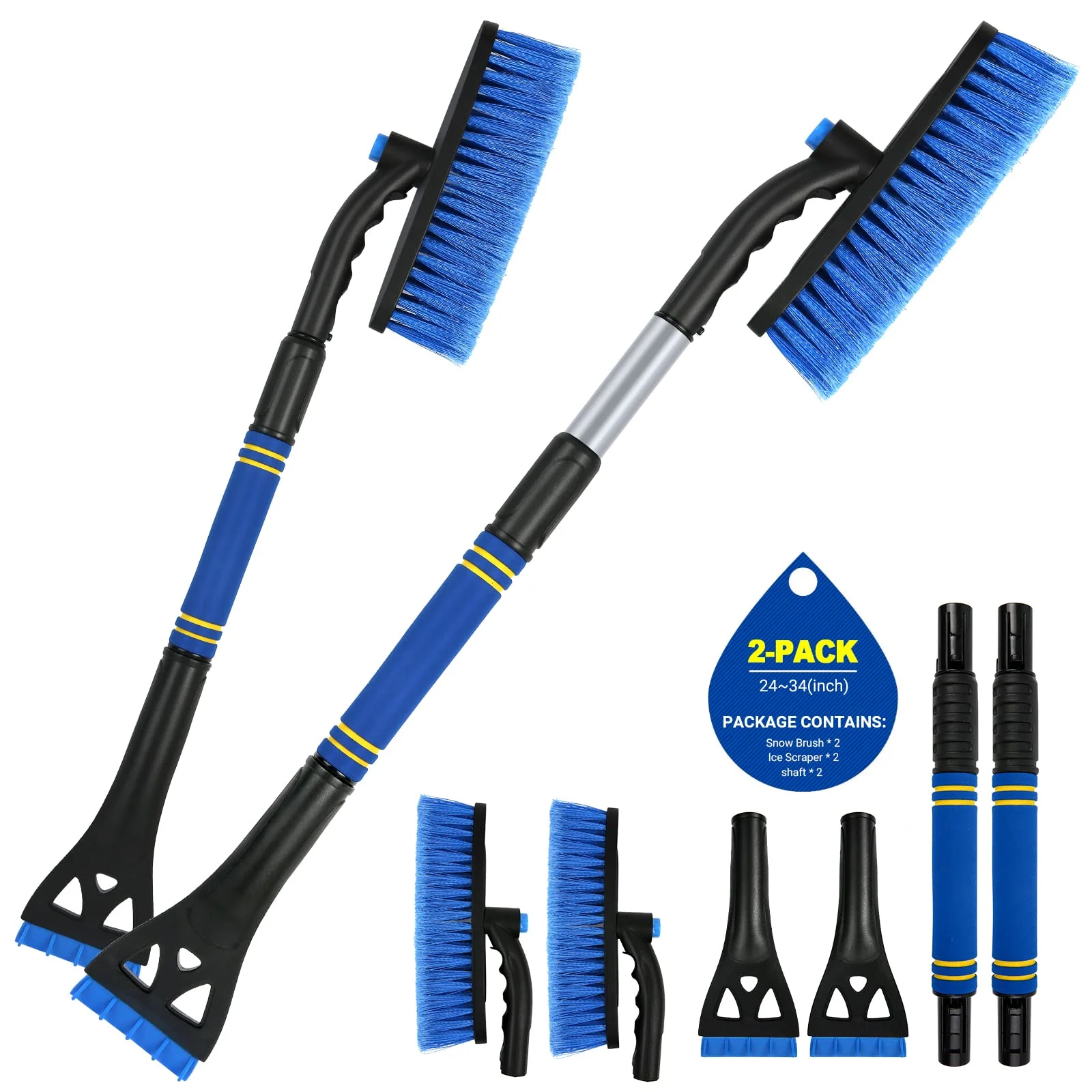 BFONS 2Pack Ice Scrapers for Car Windshield, 2-in-1 Snow Scraper and Snow Brush for Car SUV Truck, Car Ice Windshield Scraper for Ice and Snow with 360° Pivoting Brush and Ergonomic Foam Grip Blue