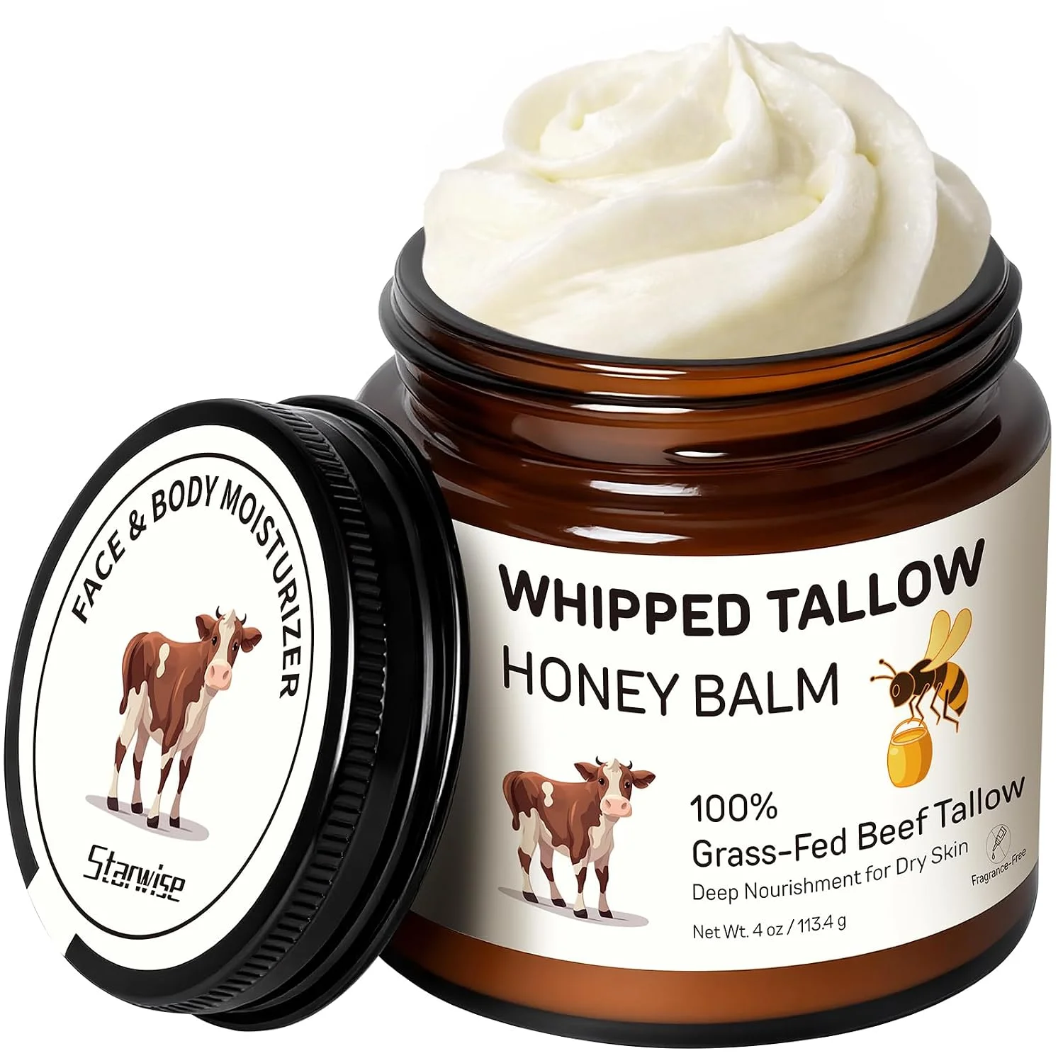 Starwise Beef Tallow for Skin, 100% Grass-Fed Whipped Beef Tallow and Honey Balm, Moisturizer for Face & Body, Natural Formula with Organic Jojoba Oil, Shea Butter for Dry, Sensitive Skin, 4 Oz