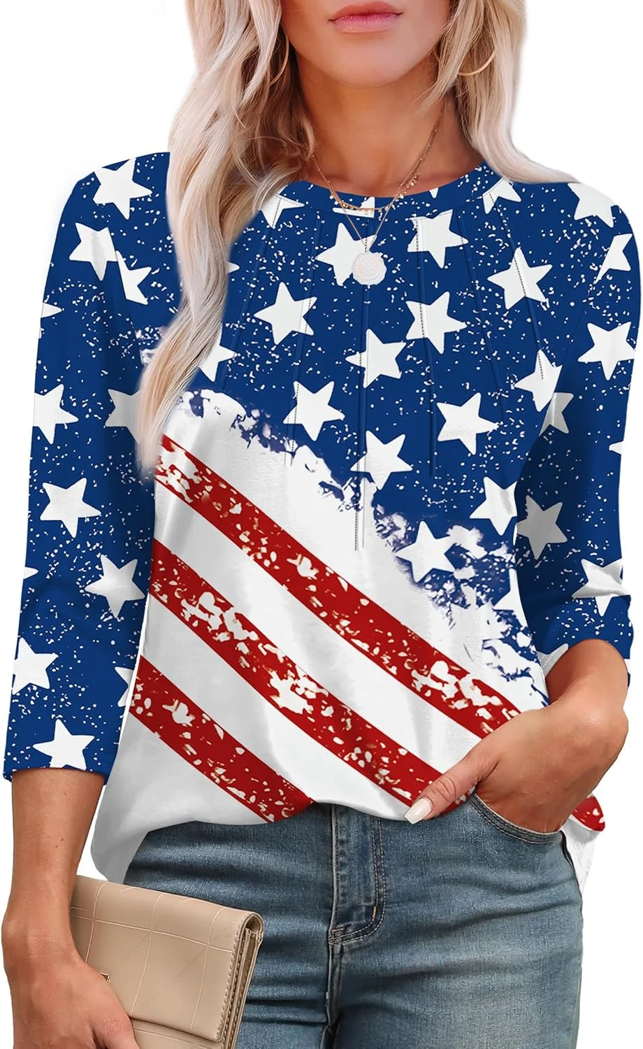 Blusa Xieerduo Manga 3/4 Cuello Redondo Plisada Suelta