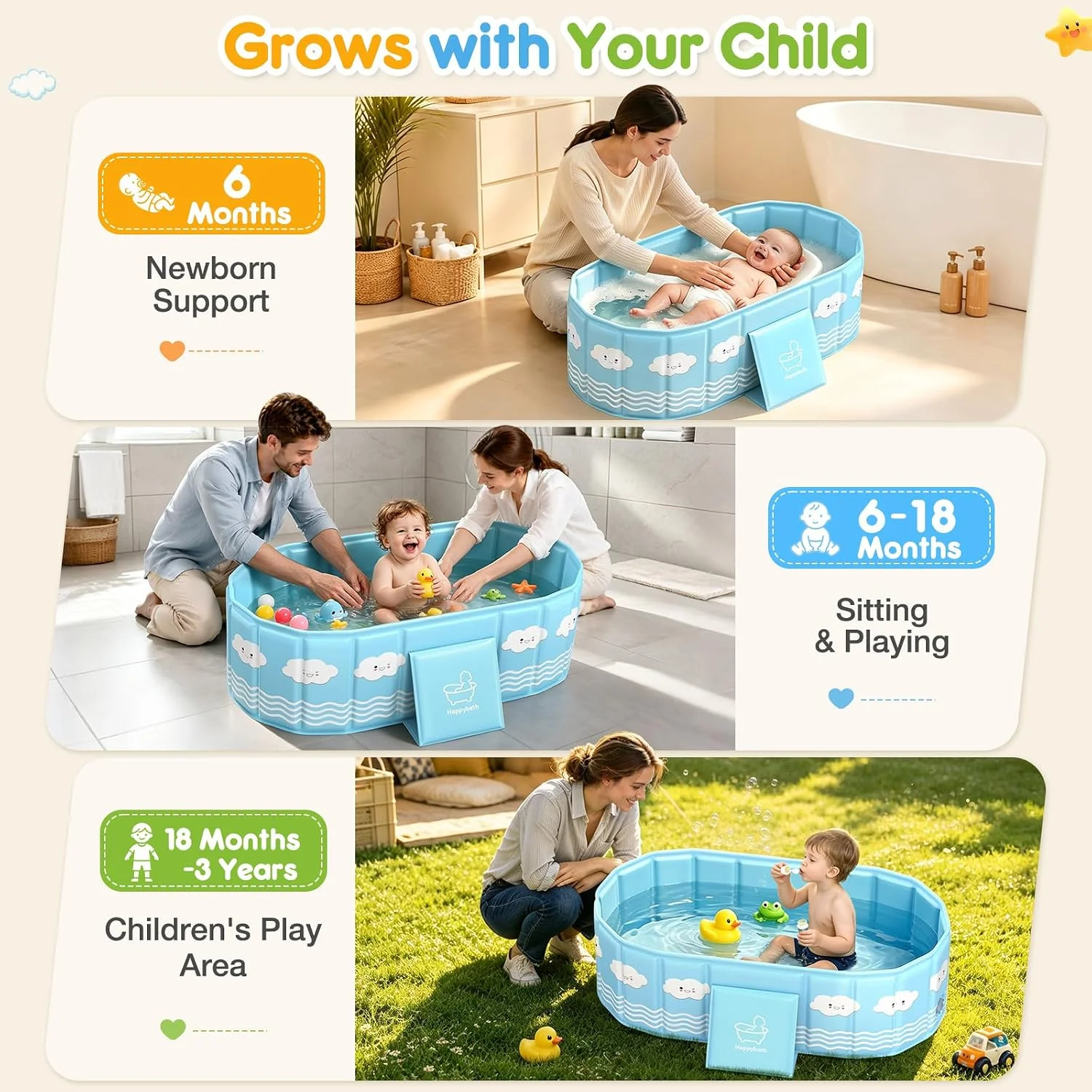 UMIKU Bañera Plegable para Bebé con 2 Tapones de Drenaje Azul