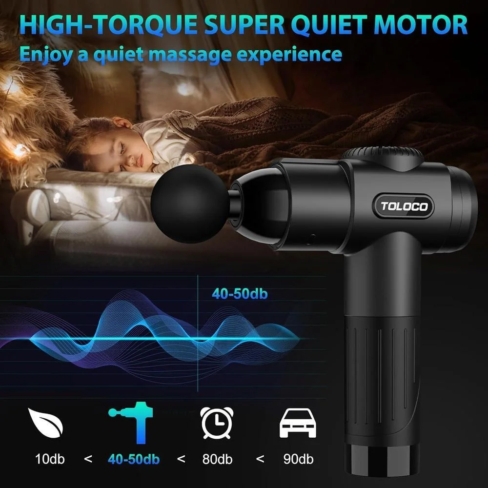 Pistola de masajes Toloco T11 Pro para tejido muscular profundo con motor silencioso y cabezales intercambiables