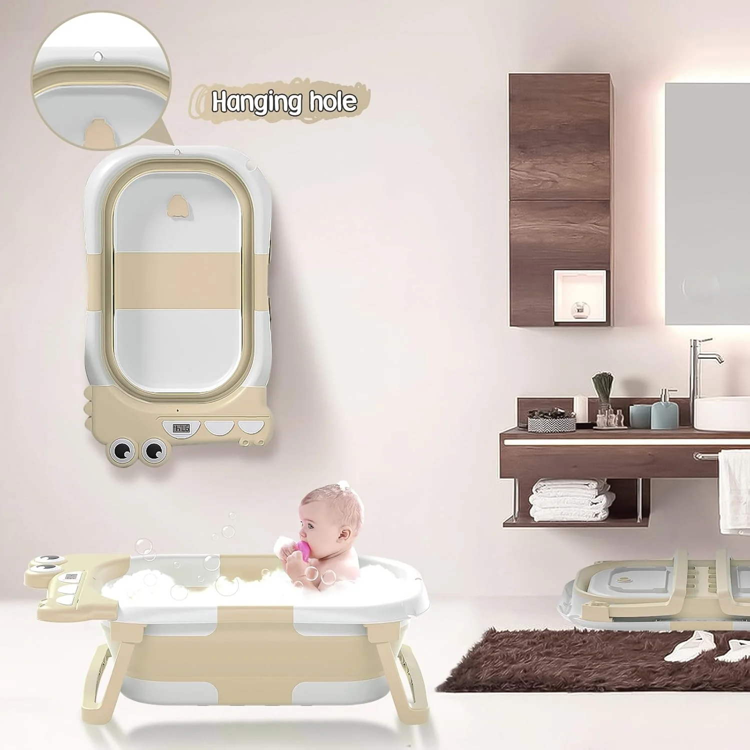 Tavlshero Bañera Plegable para Bebé con Termómetro y Cojín Flotante Beige