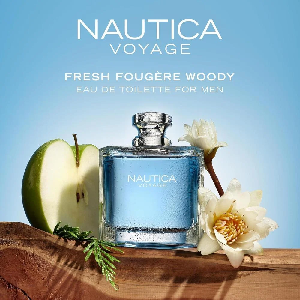 Nautica Voyage Eau de Toilette, fragancia masculina fresca con notas de manzana, loto indio y cedro, ideal para el uso diario
