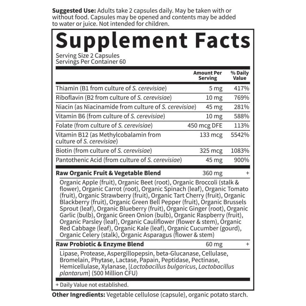 Garden of Life Complejo de vitamina B, 120 cápsulas veganas con probióticos, alta potencia B6, folato y B12 para energía