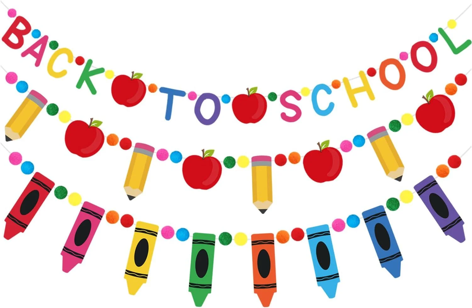 Doumeny 3Pcs Back to School Felt Banner Garland Pencil Apple Bunting Garland Crayon Felt Hanging Bunting Colorful Pompom Ball Banner for First Day of School Classroom Mantle Home Wall Party Supplies
