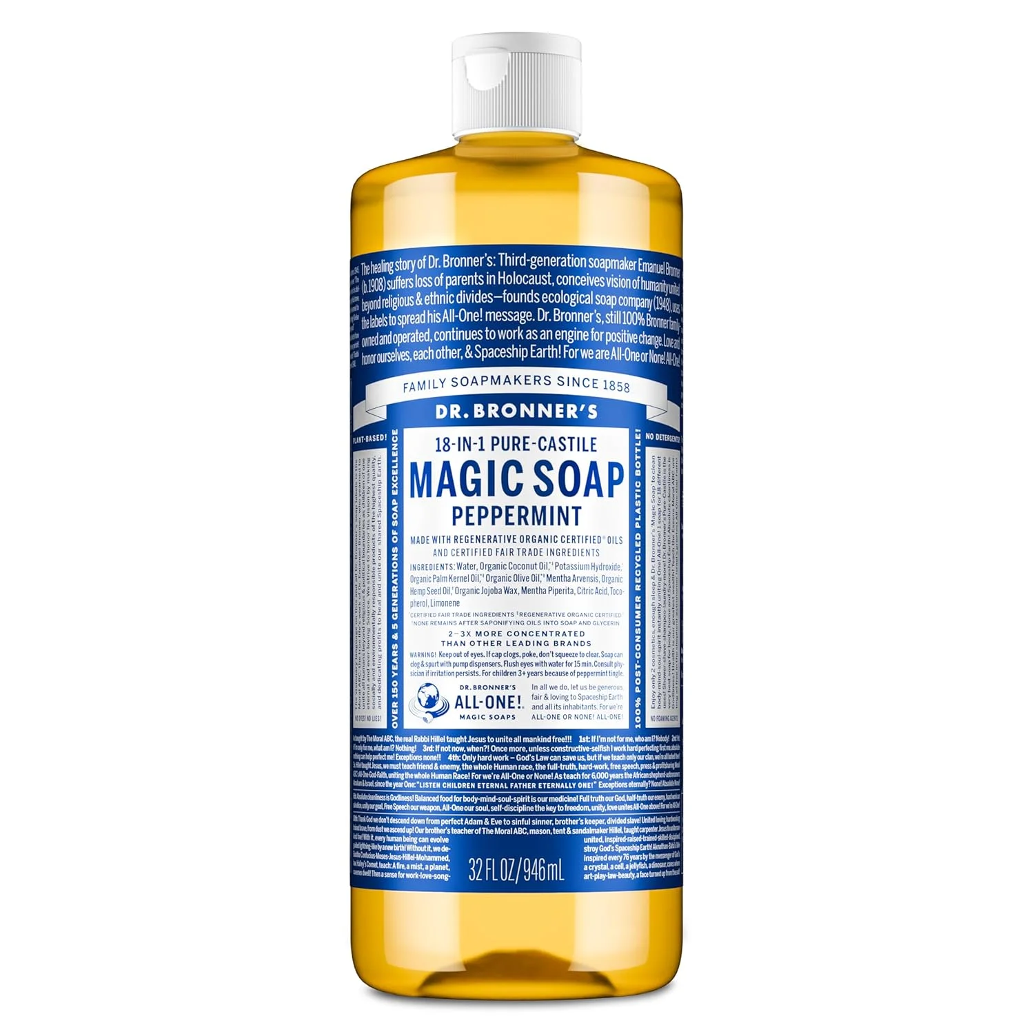 Dr. Bronner's Peppermint Pure-Castile Liquid Soap, Hand Soap, 32 oz