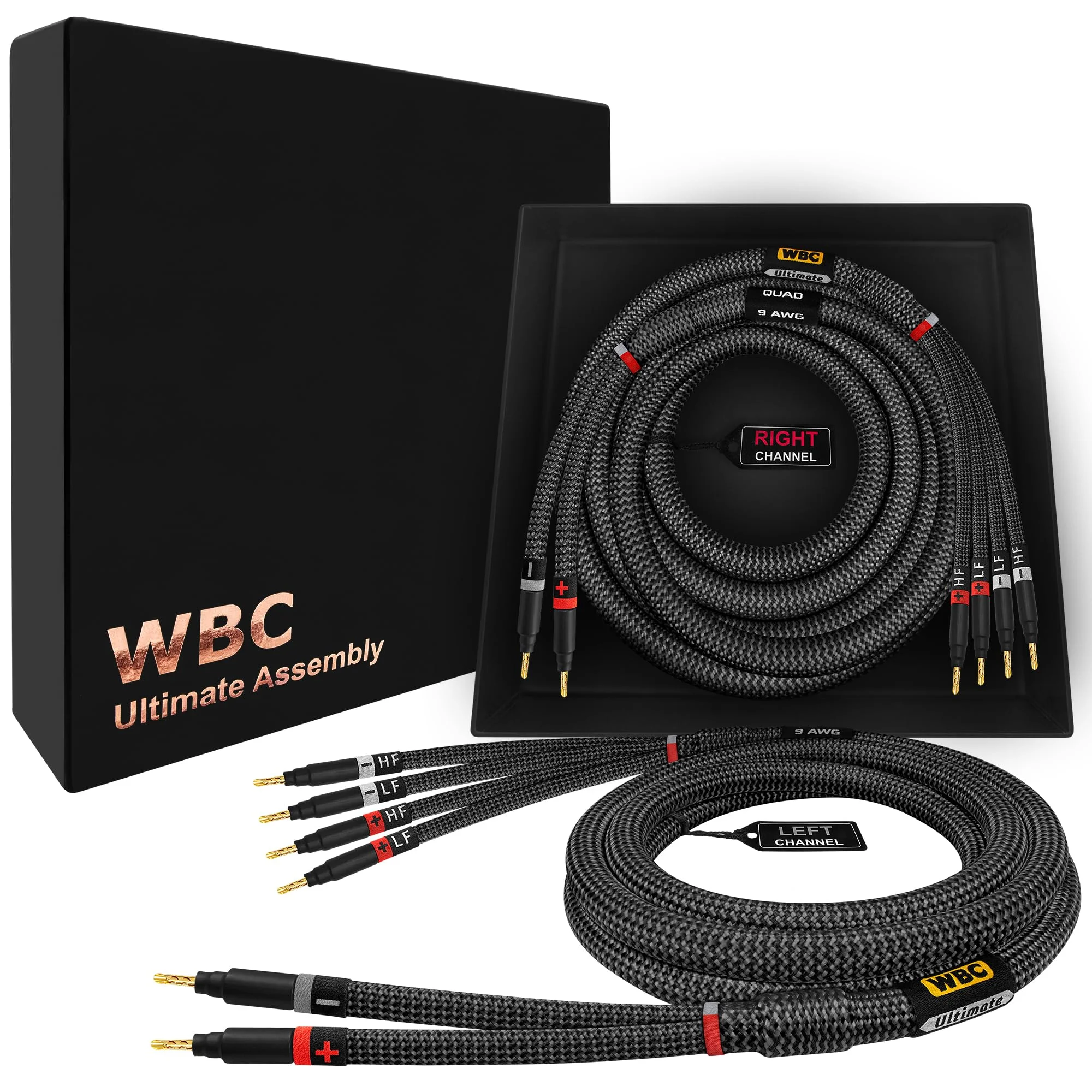 WORLDS BEST CABLES 8 Foot Ultimate - 9 AWG - Ultra-Pure OFC - Premium Audiophile HiFi Bi-Wire Speaker Cable Pair with Eminence Gold Banana Plugs & Carbon Tweed Jacket