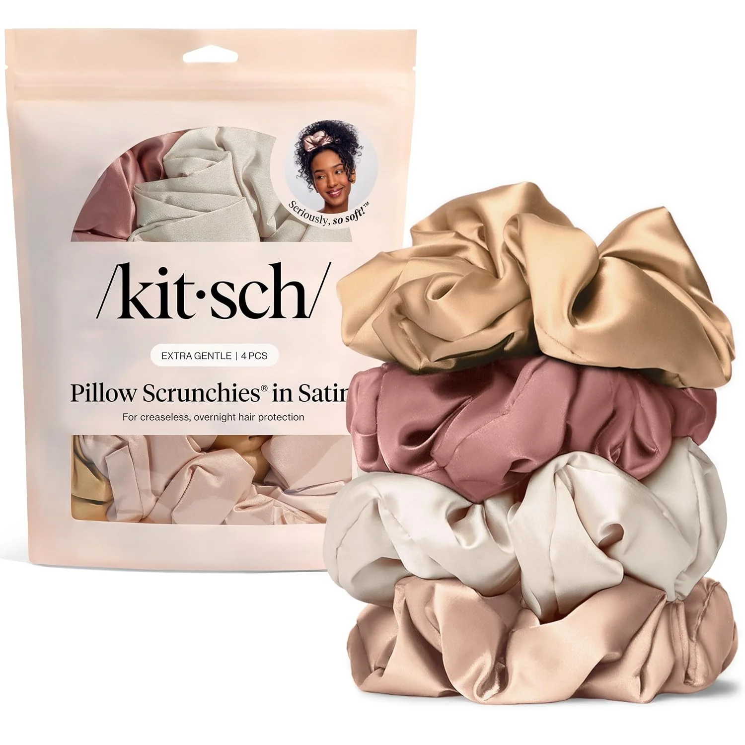Scrunchies de satén Kitsch para mujer, color Blush, 4 piezas