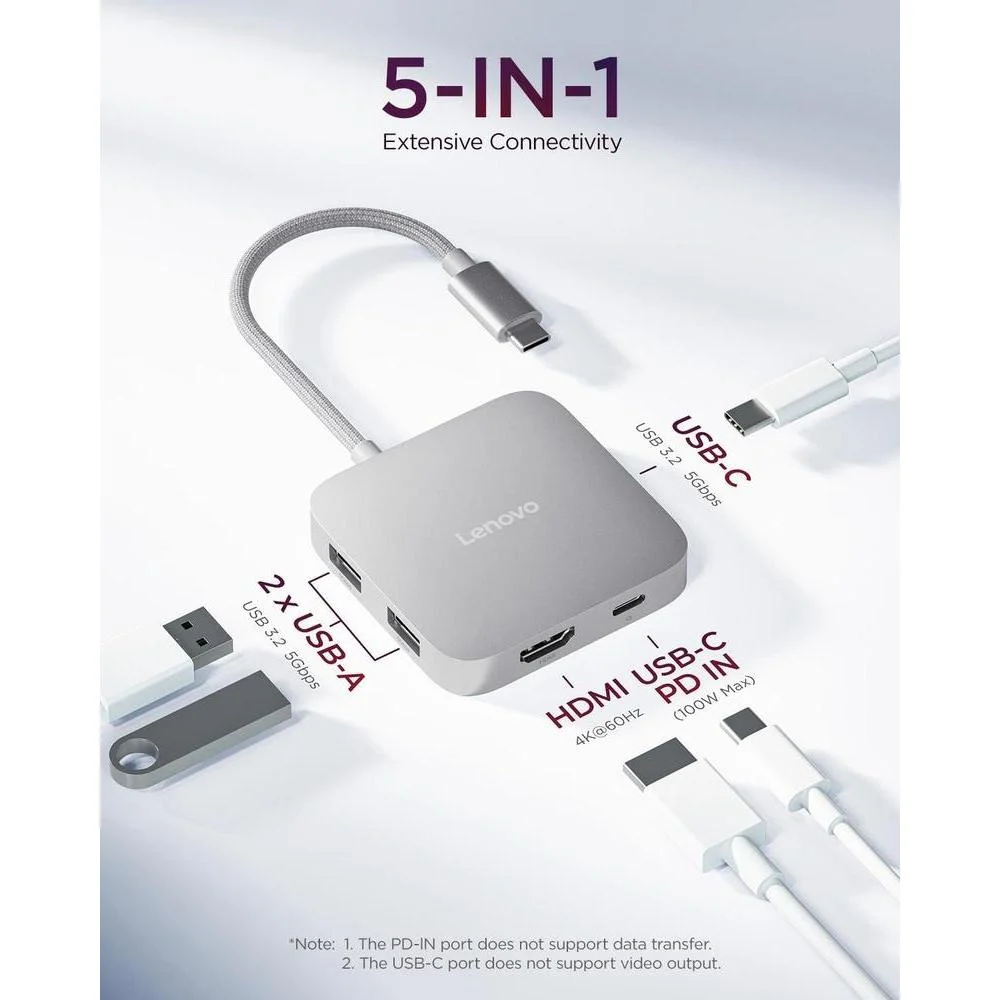 Lenovo Hub de viaje USB-C 5 en 1 con entrega de energía, HDMI 4K, puertos duales USB-C y USB-A, Plug and Play en gris plateado