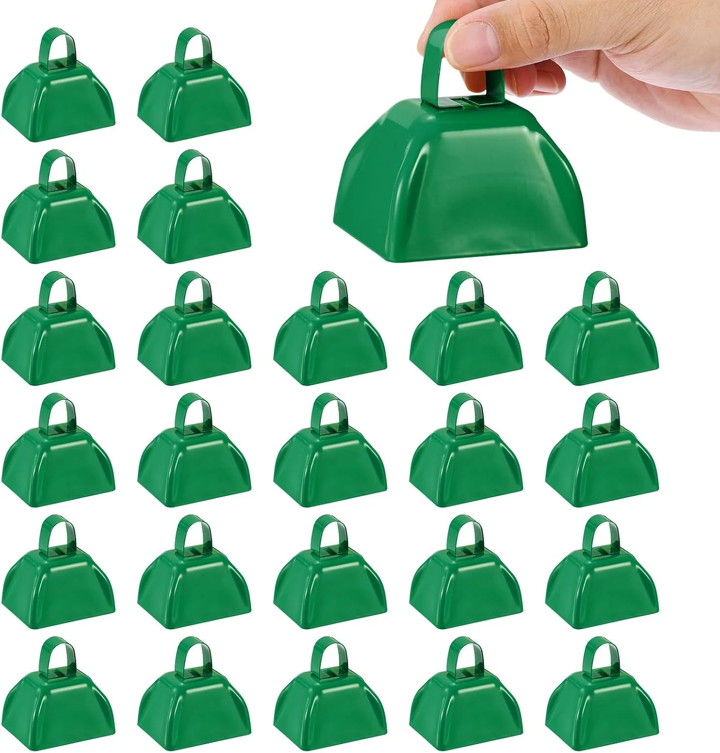 PATIKIL 24pcs Cow Bells for Football Games, 3inch Cowbells for Sporting Events Bulk Loud Noise Makers Metal Cow Bell with Handle for Cheering Wedding,Green