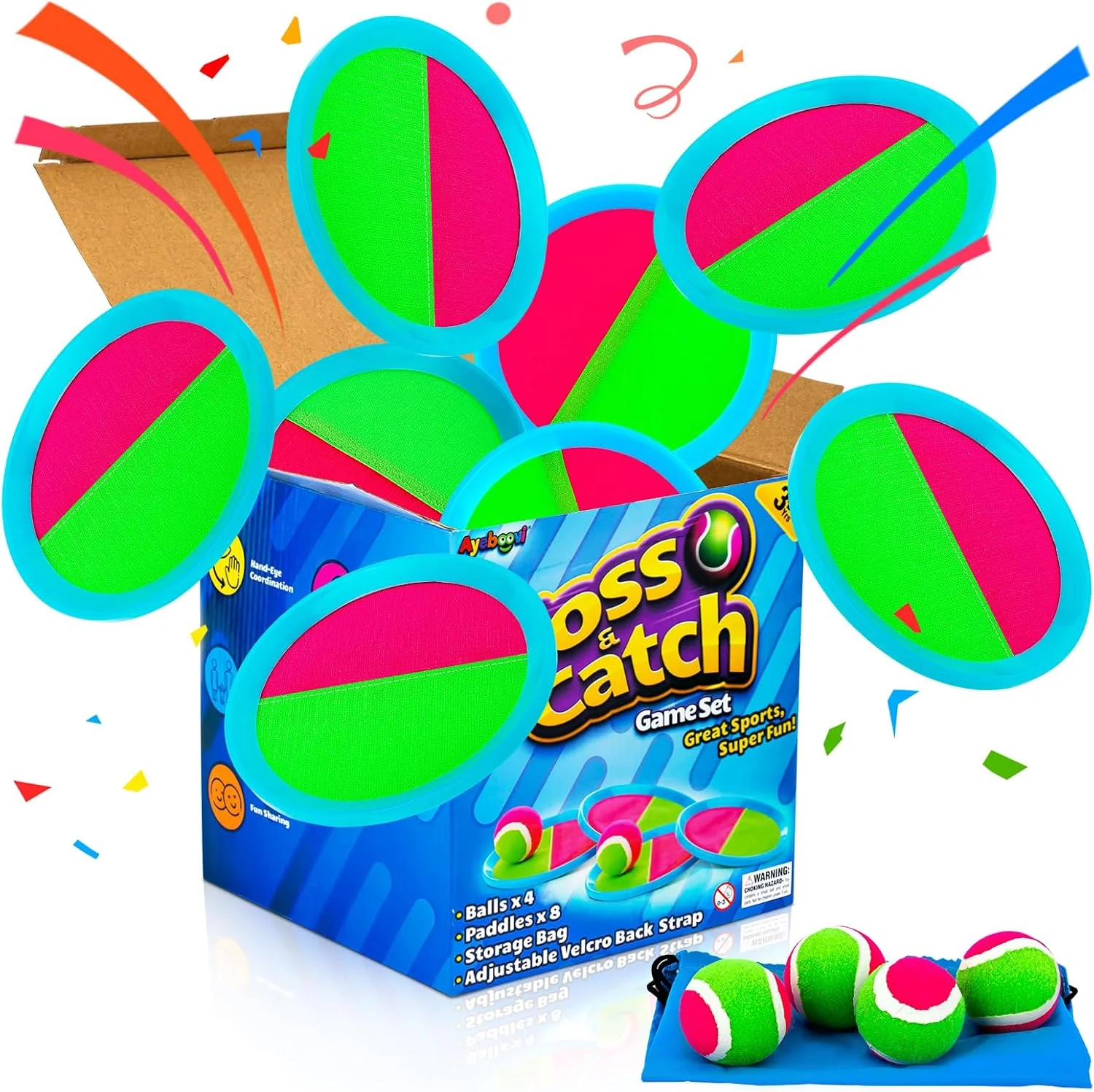 Ayeboovi Kids Toys Sticky Toss and Catch Ball Game Set 8 Paddles 4 Balls