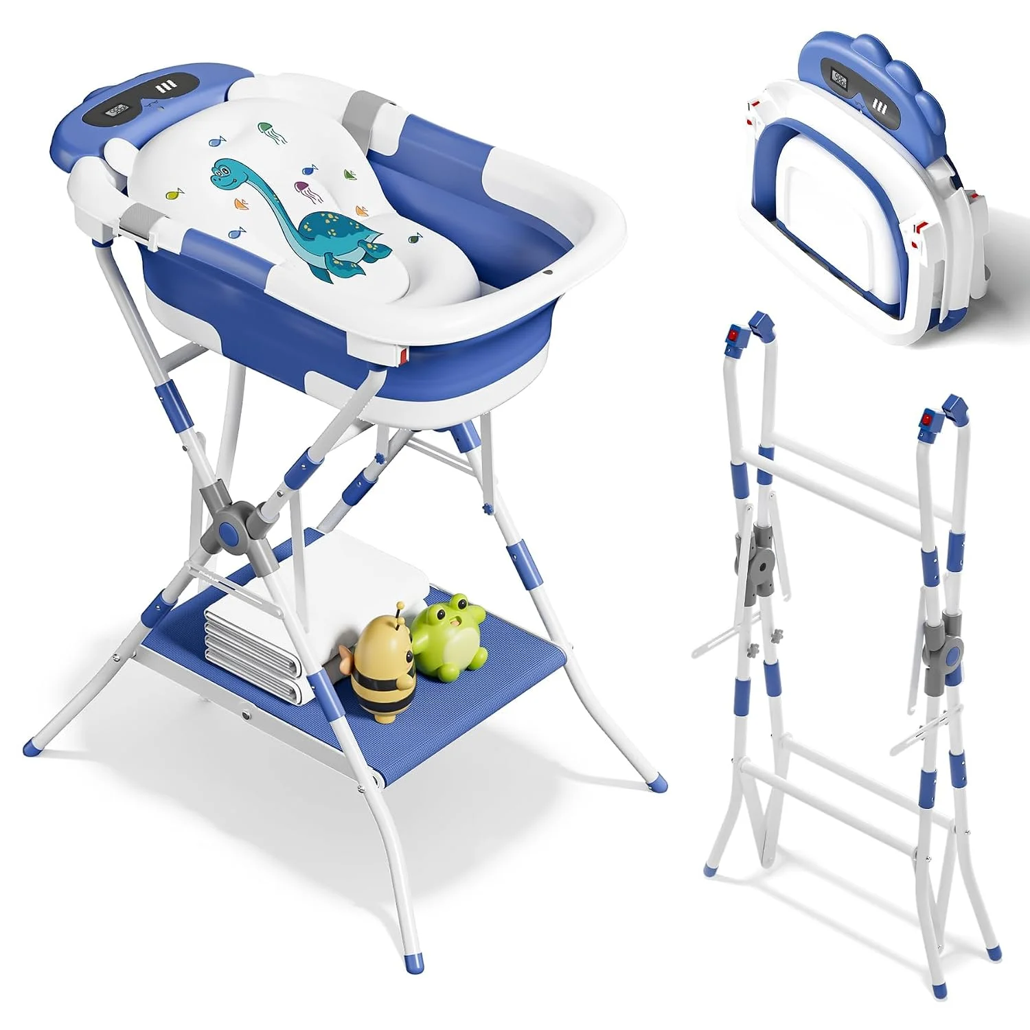 AVIDOR Bañera 2 en 1 con Soporte Plegable Diseño Dinosaurio Azul Marino