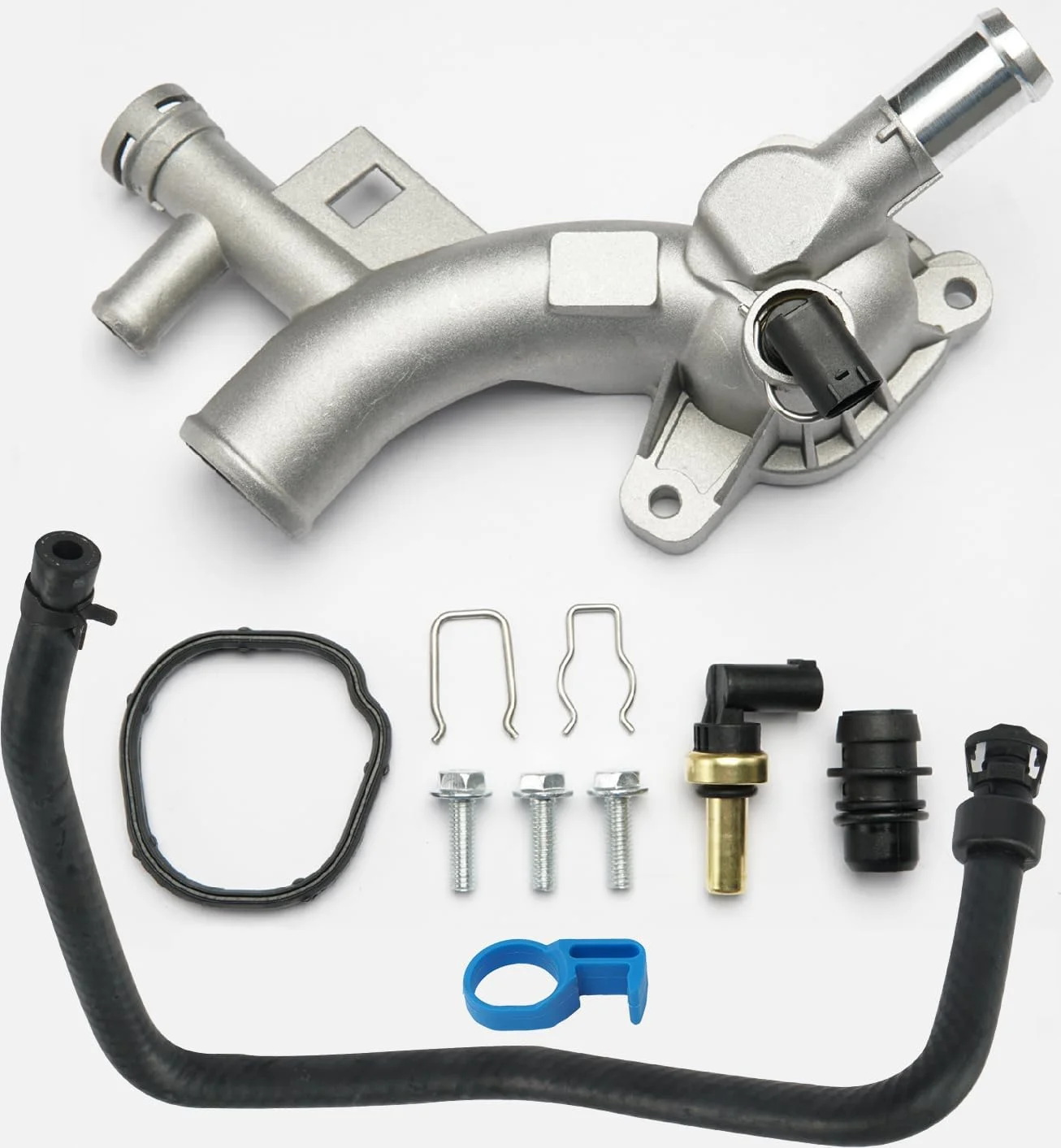 Aluminum Engine Coolant Thermostat Housing Water Outlet Kit with Coolant Reservoir Inlet Hose Compatible with 2011-2021