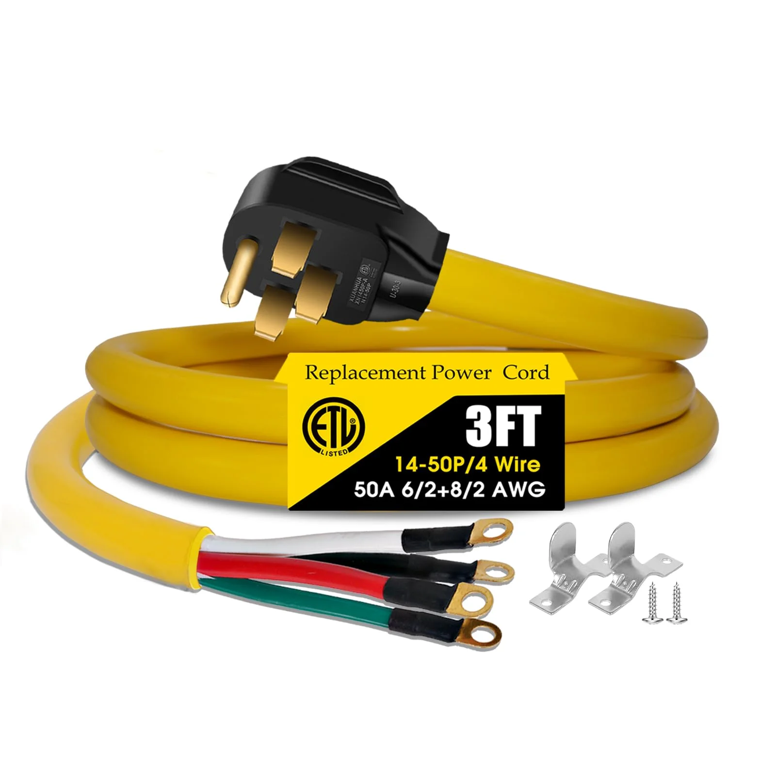 4 Prong Replacement Power Cord Compatible with NEMA 14-50P 50 Amp 125V/250V Extension Cable with Open End for Range RV EV Charger, ETL Listed (3FT)
