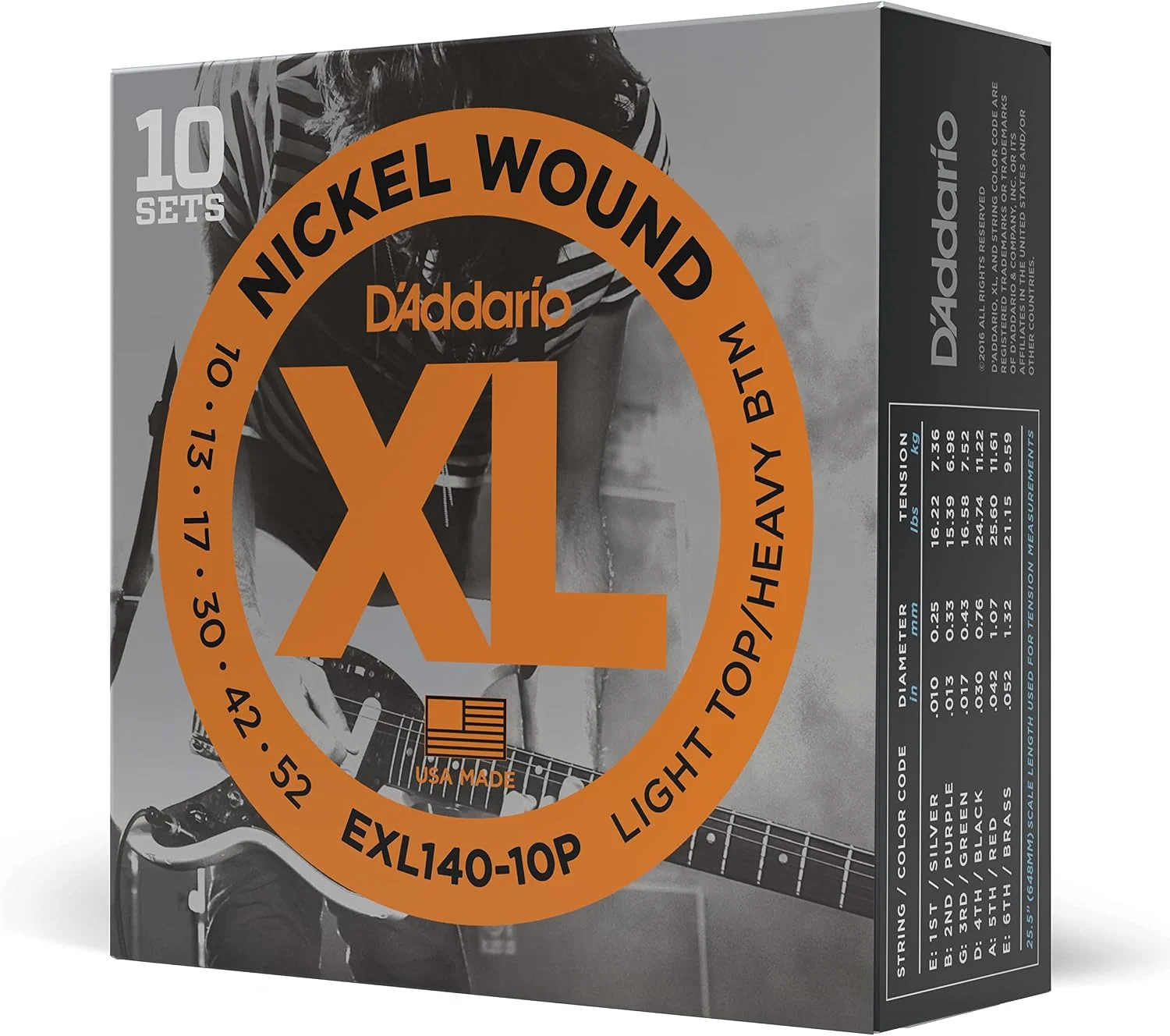Cuerdas para guitarra eléctrica D'Addario XL Nickel 10-52, pack de 10 juegos