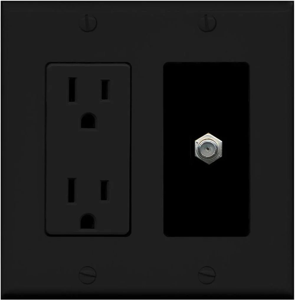 RiteAV - 15 Amp Power Outlet and 1 Port Coax Cable TV- F-Type Decorative Type Wall Plate - Black