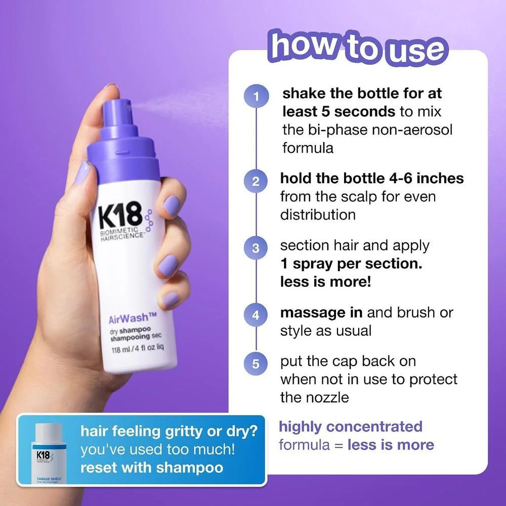 K18 AirWash Dry Shampoo con biotecnología de control de olores, balanceo del cuero cabelludo y control de grasa