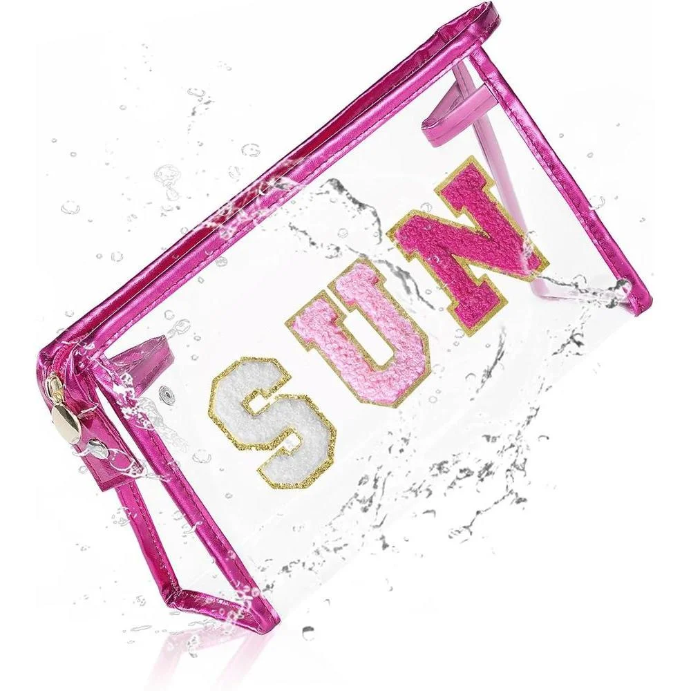 COSHAYSOO Sunscreen Bag Clear Makeup Toiletry Pouch Small for Women Teen Girls Beach Bogg Bags Accessories Face Sunscreens Spf 50 Sunblock Suncream Tan Tanning Lotion Summer Things Essentials Pink SUN