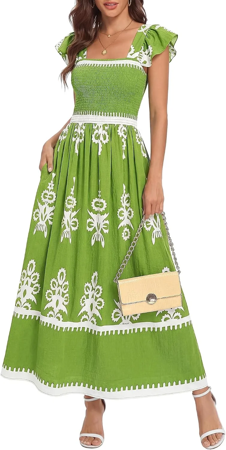 Vestido Maxi BTFBM Floral Boho Cuadrado Sin Mangas Plisado