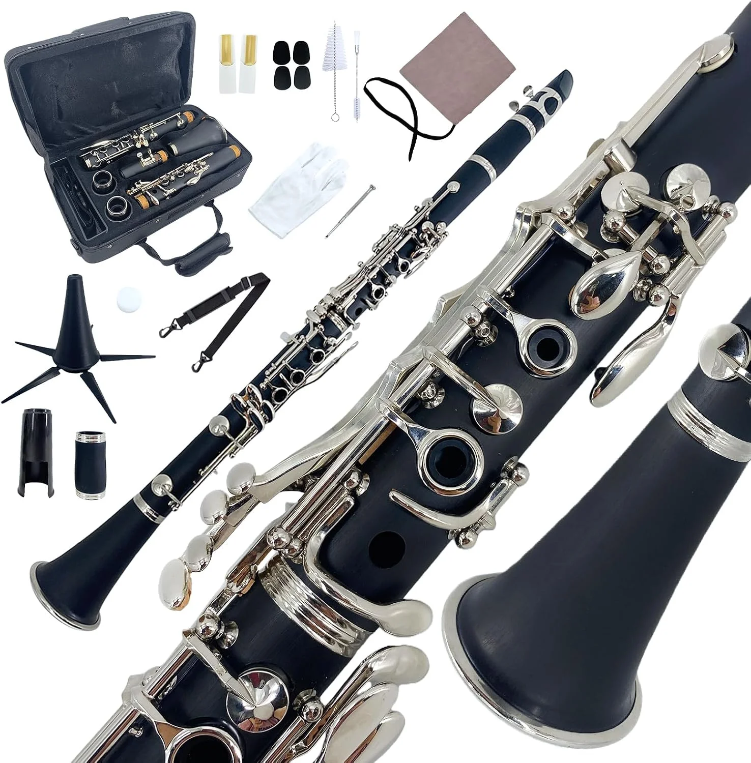 Clarinete Bb YoungMonic cuerpo de ébano negro con llaves niqueladas kit completo para principiantes