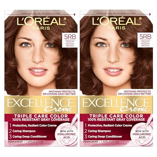 L'Oreal Paris Excellence Crème Permanent Hair Dye, Triple Care Hair Color with Hyaluronic Acid for 100% Gray Coverage, 5RB Medium Reddish Brown, 1 Kit (Pack of 2) (Packaging May Vary)