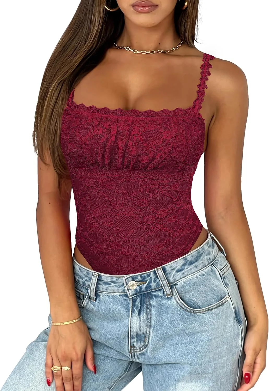 Body Saslax Cuello Cuadrado Encaje Tirantes Finos