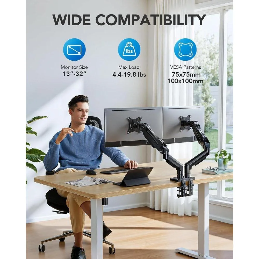 HUANUO FlowLift™ Soporte monitor doble ajustable VESA con abrazadera y base de ojales, cada brazo soporta hasta 9 kg