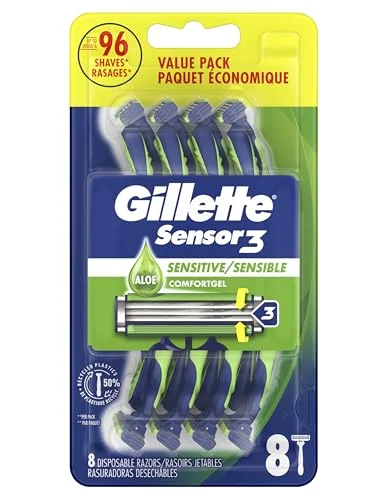 Gillette Sensor3 Sensitive Disposable Razors for Men, Enhanced Lubrastrip Glides Easily Over Your Skin, 8 Count (Pack of 2)