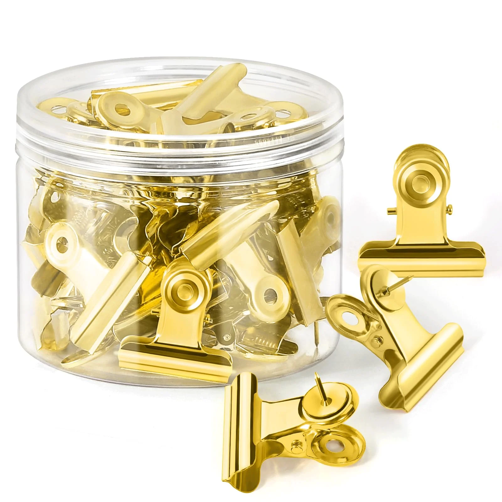 GOOLADA 60Pcs Push Pins Bulldog Clip, Gold Push Pins, Metal Thumb Tacks for Cubicle Walls, Cork Board, Bulletin Board, No Holes
