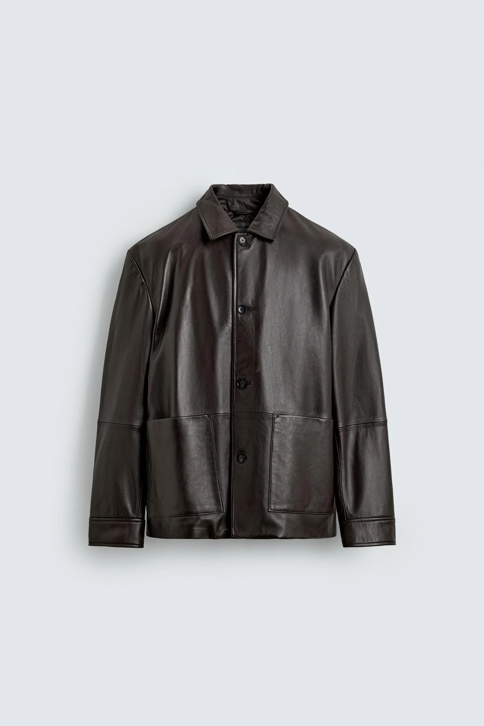 Cazadora Piel Bolsillos Marrón Oscuro Zara