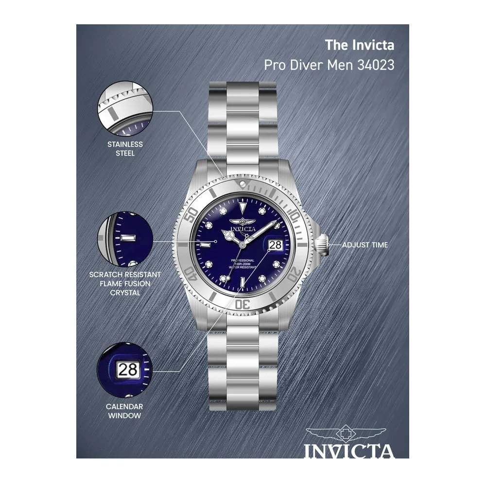 Invicta Pro Diver 34023 Reloj de Acero Inoxidable para Hombre con Esfera Azul y Movimiento de Cuarzo