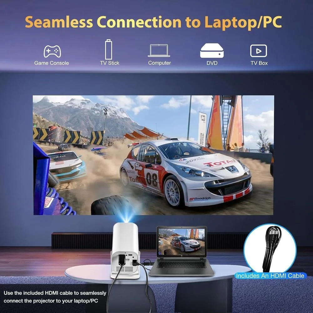 Proyector portátil con WiFi y Bluetooth, enfoque eléctrico y aplicaciones integradas, compatible con smartphones