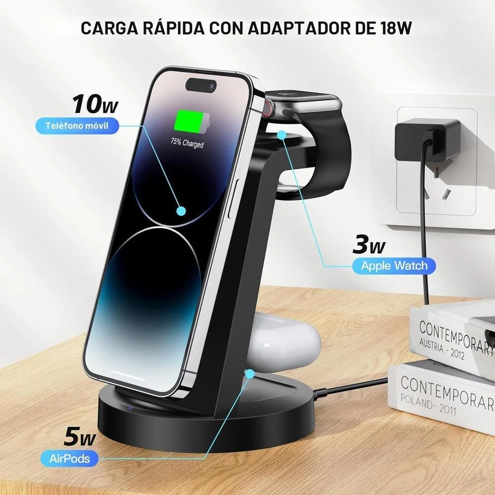 Estación de carga 3 en 1 para iPhone y Apple Watch con cargador inalámbrico, compatible con AirPods