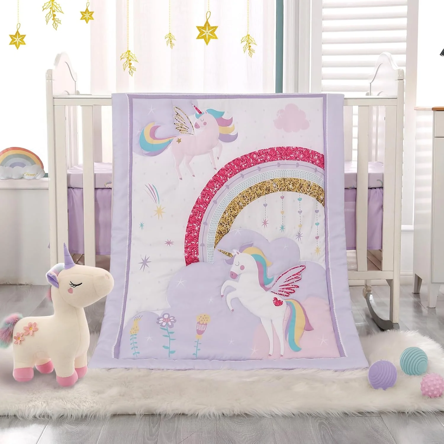 Set de cama para mini cuna Wowelife unicornio 3 piezas púrpura