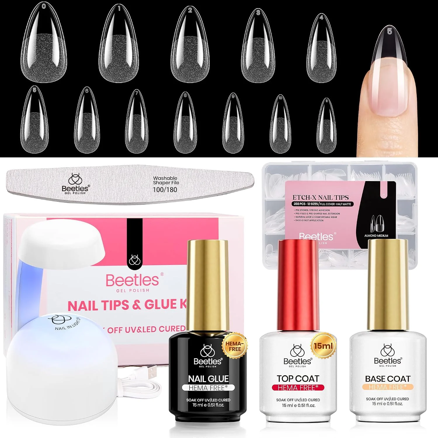 Kit de uñas postizas Beetles Gel Polish Etch-X almendra mediano con lámpara mini
