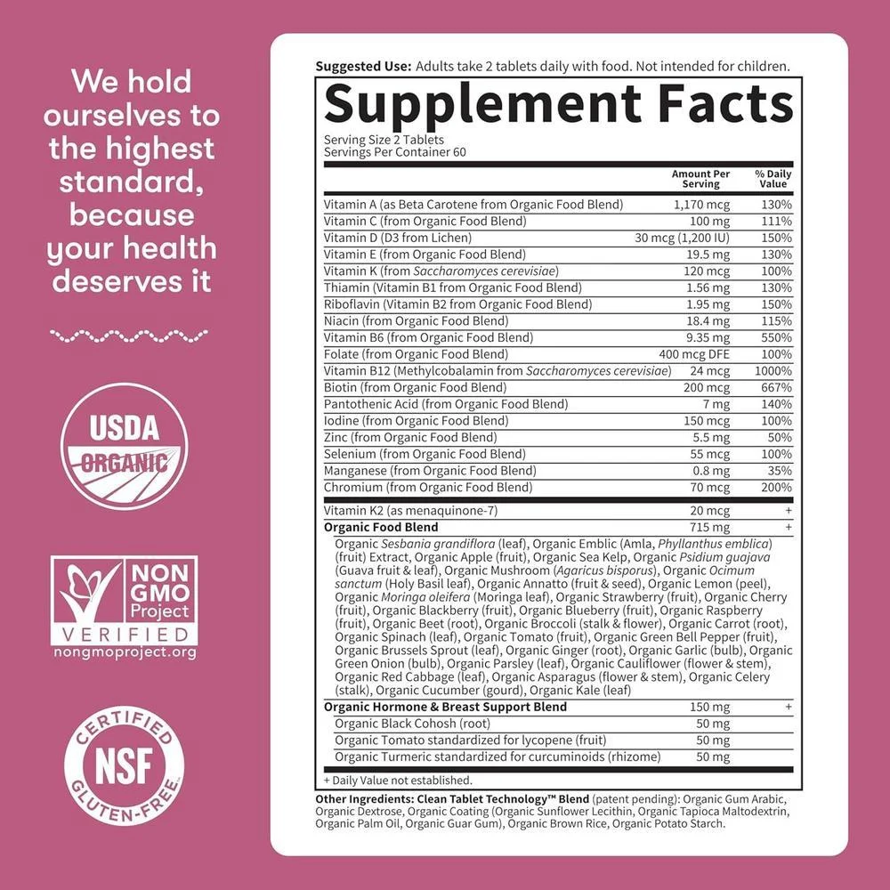 Garden of Life Multivitaminas para Mujeres Mayores de 40, Apoyo a la Salud Hormonal y del Seno, Orgánicas y Veganas