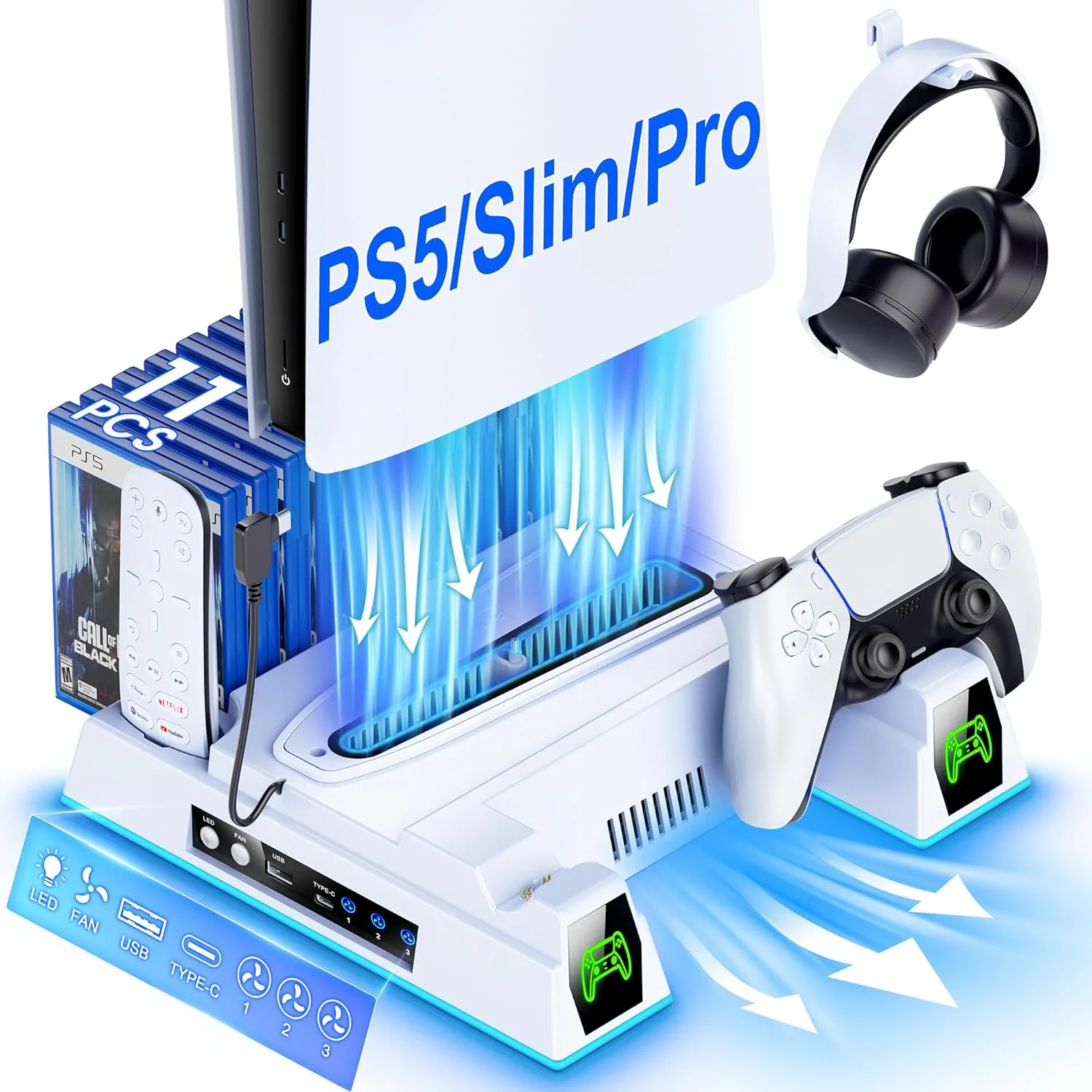 Estación de enfriamiento y soporte Kickdot para PS5 con cargador dual de controles