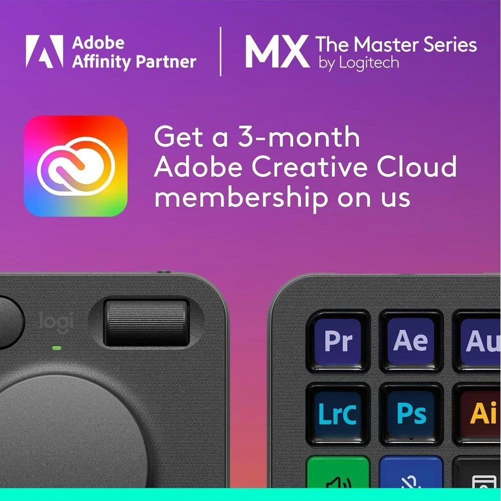 Consola Creativa Logitech MX con 9 teclas LCD personalizables, dial de control, incluye membresía Adobe Cloud 3 meses