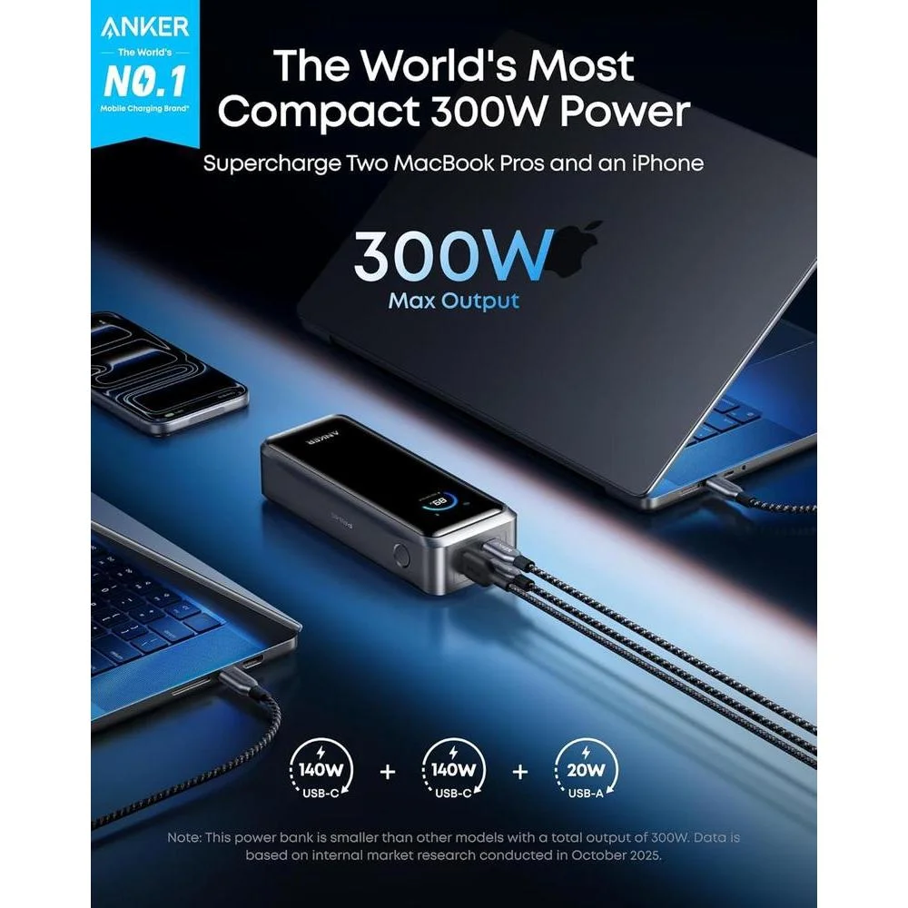 Anker Power Bank, 3 puertos, 26,250mAh, máximo 300W, carga bidireccional, TSA aprobado, control app, para MacBook iPhone