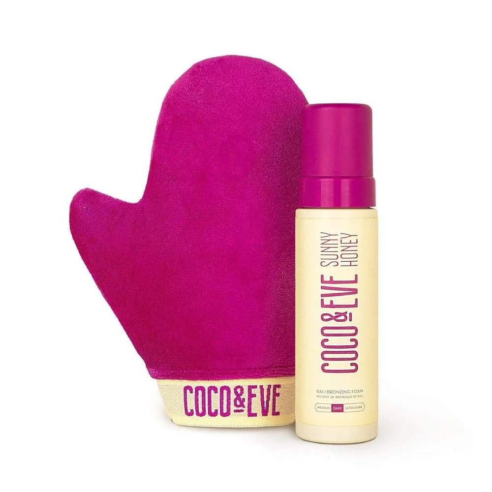 Coco & Eve Self Tanner Foam Kit - (Dark) Streak-Free Sunless Tanning Mousse, Tropically Scented Natural Looking Tan With Mitt Applicator, Vegan, Cruelty Free, Sunny Honey Bali Bronzing, 6.7 fl oz